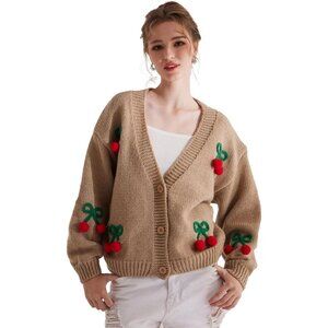 Cardigan Sweaters for Women Long Sleeve V-Neck Button Knit 3D Cherry Y2k Surcoat